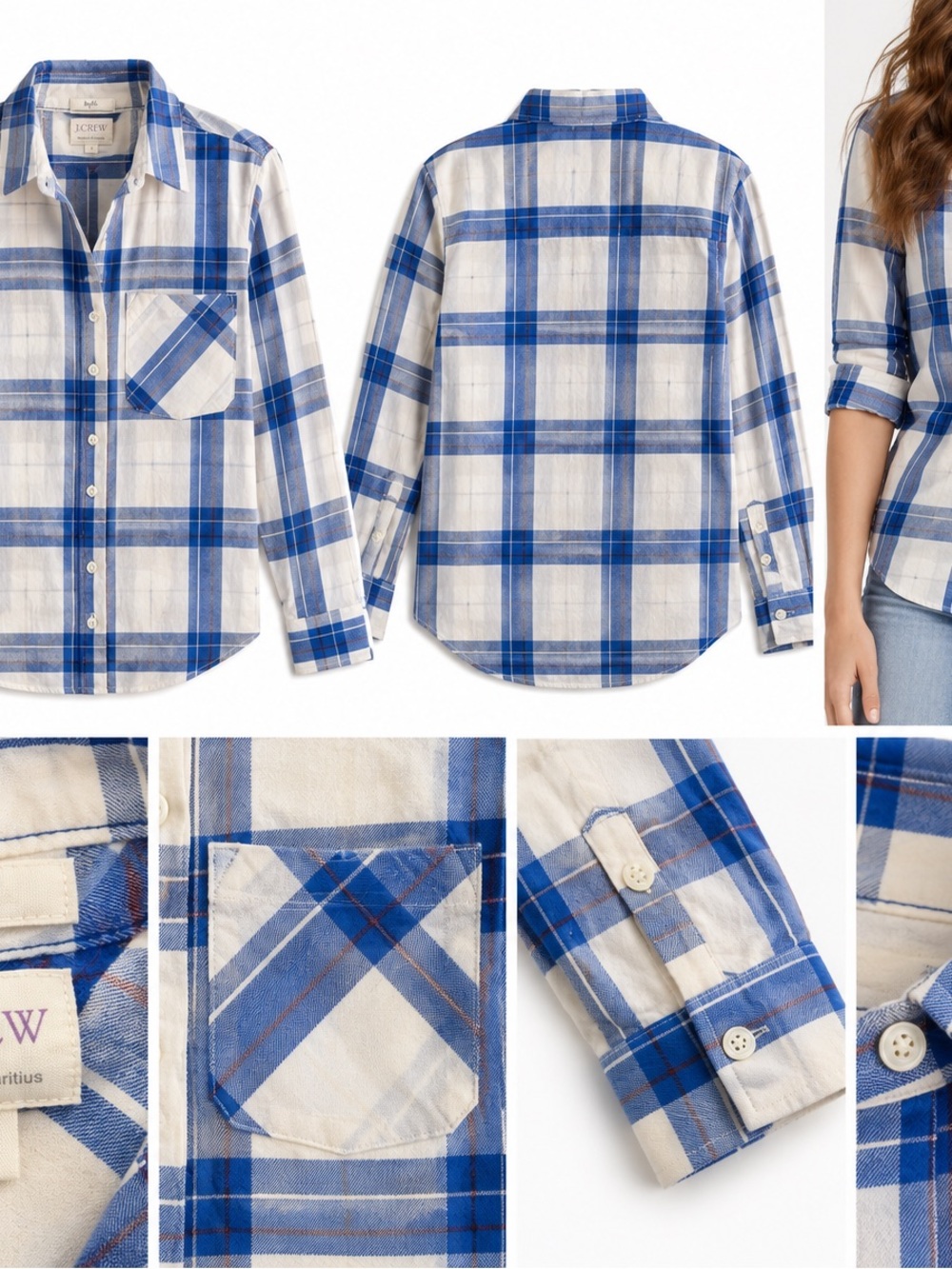 J. Crew Women's White and Blue Plaid Button-Down Shirt